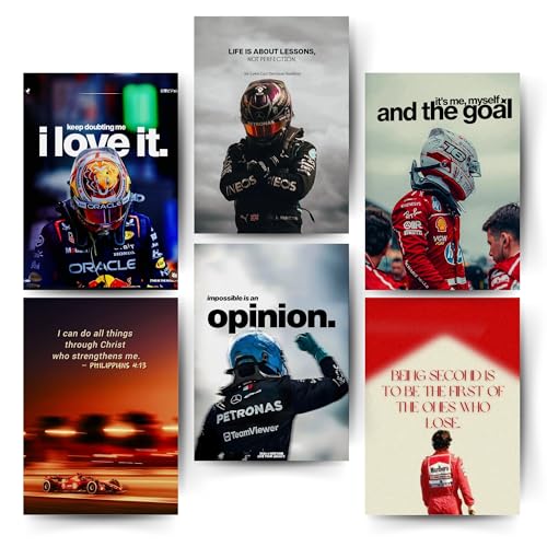 Image of Posters Inc Sports F1 Cars Motivational Posters for Wall A4 Size Aesthetic Setup 300 GSM Matte Paper Pack of 6 Automotive Motorsport Decor for Boys Gaming Room, Bedroom, Home & Office with Adhesive