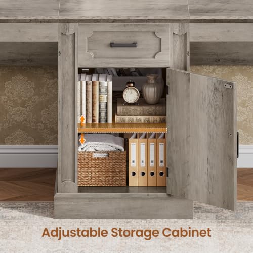 Image of SEDETA Farmhouse 110.3 inch Two Person Desk with 7 Drawers, Long Computer Desk with Storage Cabinet, 2 Person Desk with Power Outlets for Home Office, Gray