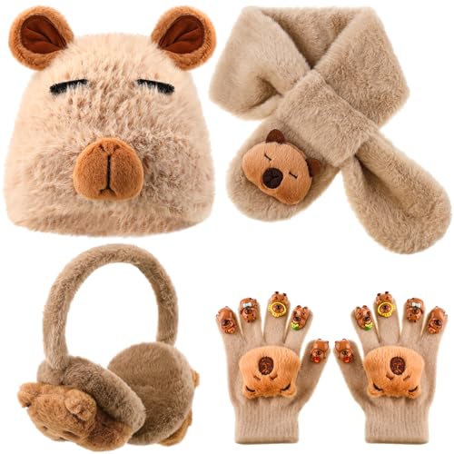 4 Pcs Kids Winter Capybara Hat Earmuffs Scarf and Kids Gloves Set Plush Capybara Winter Warm Set for Age 7-12