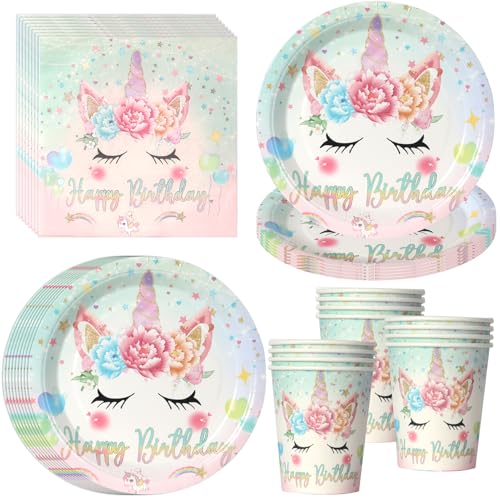 PYAILI Lot de 52 pièces thème licorne Assiettes, gobelets et serviettes pour fêtes d'anniversaire, pour 16 invités