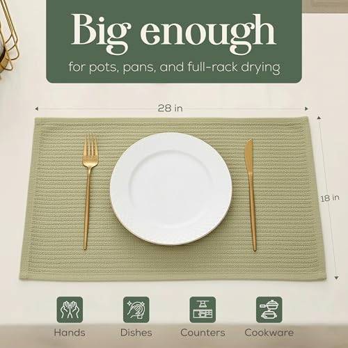 Image of Kitchen Towels, Cotton Hand Towels, Sage Green and Cream Ribbed - Mini Weaved Stitched Set of 4 Absorbent Hand Drying Cloths, 18 x 28 Kitchen Linens
