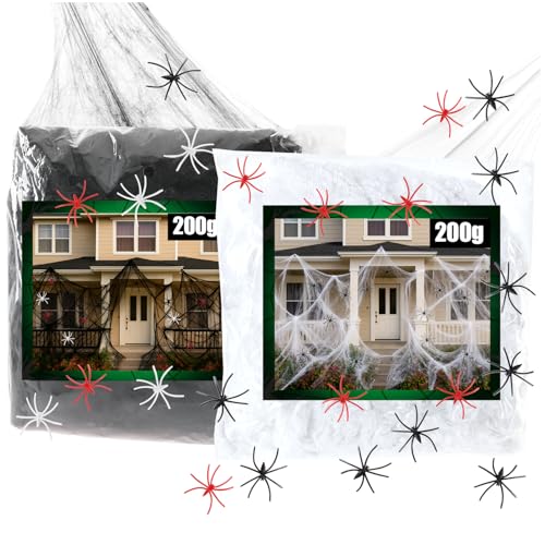 com four® 400g Tela de araña Decorativa con 24 arañas   Telarañas como decoración para Halloween y Fiestas de Terror