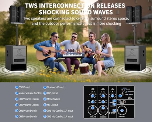 CAICOUSTIC 2400W 15\" Powered Bluetooth PA Speaker System with Subwoofer - Portable Line Array Sound System for DJ, Party, Wedding, Outdoor Events - Includes 15\" Active Sub & 3x3 Satellite Speakers