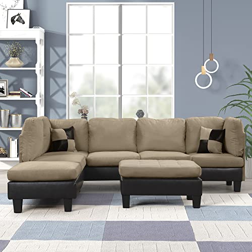 Casa Andrea Milano Modern 3 Piece Microfiber and Faux Leather L Shaped Sectional Sofa with Reversible Chaise & Ottoman, Large, Hazel