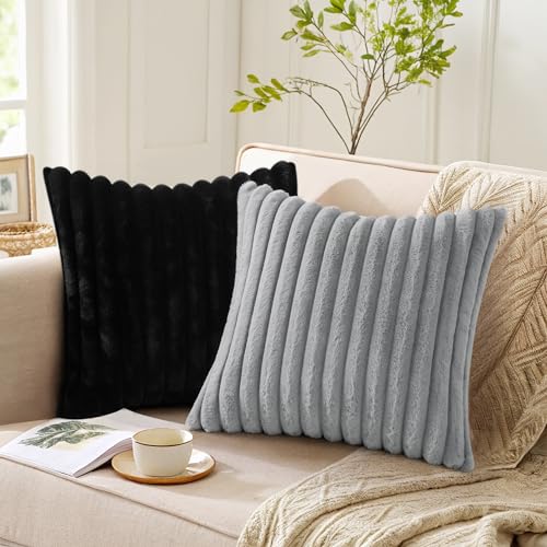 Pallene Faux Fur Plush Throw Pillow Covers 16x16 Set of 2, Luxury Soft Fluffy Striped Decorative Pillow Covers for Sofa, Couch, Living Room, Black
