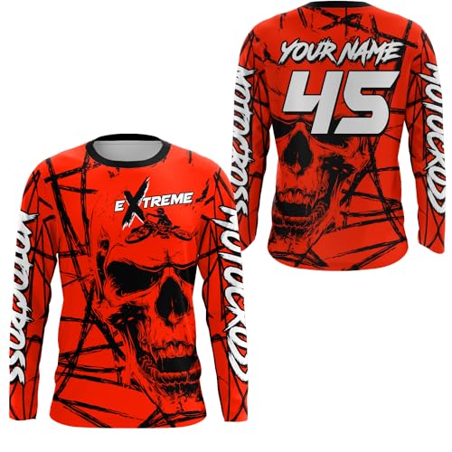 Skull Motocross Racing Jersey Youth Men Women Upf30+ Motorcycle Riding Shirt MX Dirt Bike Jersey Off-Road Shirt Boys Girls (US, Alpha, Small, 5X-Large, Regular, Regular, Red)