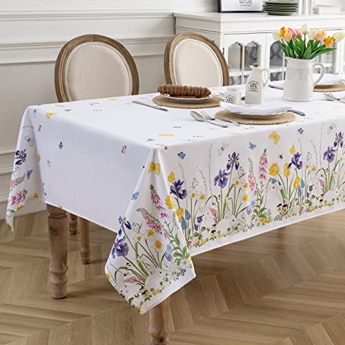 Joyfol Day Easter Tablecloth,Rabbit Flower Easter Table Decor,Bunny Multicolour Floral Butterfly Table Cover,Washable Polyester Spring Tablecloth For Home Party Dining Picnic(54X54 Inch,Square) #TOP3