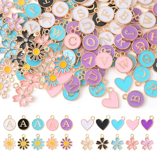 SPMatrix 160PCS Mixed Letter Charms for Jewelry Making Assorted Alphabet Charm DIY Bracelet Earring Necklace Keychain Teen Girls Craft Lover Gift - 130PCS A to Z Initial Charm 20 Flower and 10 Heart