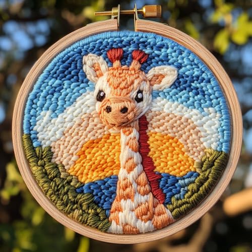 Image of DIY Punch Needle Kits Cartoon Giraffe Sunset with Hoop 20x20cm-1 | with Pattern Stamped Easy for Beginners Embroidery Punch Needle Starter Craft Set for Adults Festival Gift and Decoration