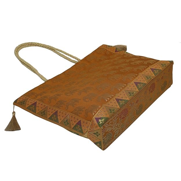 Image of Hand Purse | Traditional Hand Purse | Silk Wallet Hand Bag | Shagun HandPurse | Gifts HandBag | Golden Handle Tote Handbag | Brocade Shoulder Bag | 16 INCH