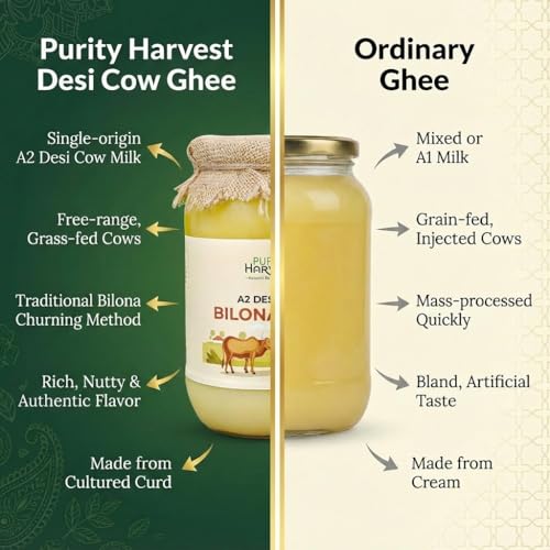 Image of Purity Harvest A2 Desi Cow Ghee 2 litre | Vedic Bilona Churned | Grass-Fed Gir Cow Milk | Cultured Curd Ghee | Pure & Natural | Traditional Indian Method | Danedar Texture | Healthy Cooking & Puja Use | Glass Bottle Pack