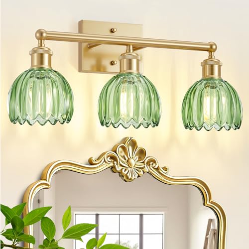 Image of Bathroom Light Fixtures Over Mirror,3 Light Vintage Bathroom Vanity Lights,20 in Brushed Brass Antique Vanity Light with Green Tulip Glass Shade for Bedroom, Living Room, Foyer,E26 Base