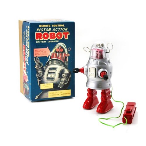 Off the Wall Toys Vintage Style Remote Control Piston Action Robot Tin Toy