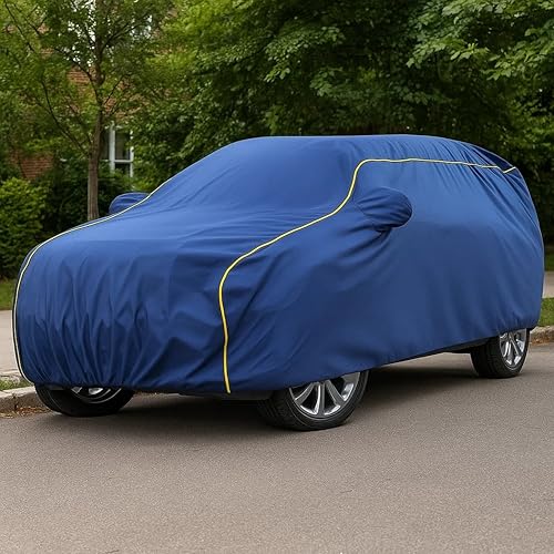 Image of Sulfar 100% Water Resistant Car Body Cover Compatible with Mirror for Daewoo Matiz (Triple Stitched, Full Bottom Elastic, Blue Taffeta with Yellow Piping)