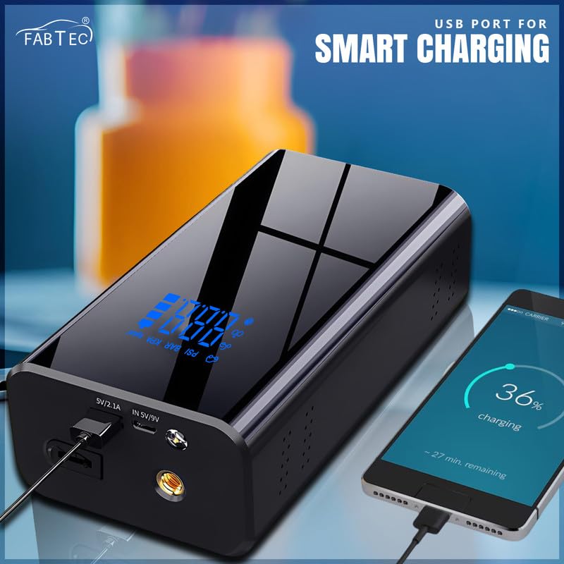 Image of Fabtec 4-in-1 Jump Starter with Tyre Inflator 150 PSI Portable Tire Inflator Air Compressor with Digital Display, 15000mAh Battery, SOS Light & 5 Air Filling Modes for Cars, Bikes, Bicycles and Balls