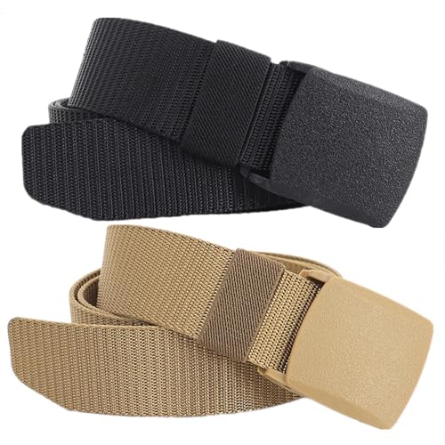 Cinturones tácticos de nylon para hombre, cinta de 3,8 cm de ancho, cinturón utilitario ajustable de lona con hebilla de plástico de hasta 170 cm de longitud, paquete de 2