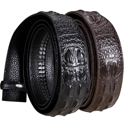 Barry.Wang Ratchet Belt for Men 5 Set Gift Brown Buckle Belts Crocodile Leather Adjustable 1 3/8" Necktie Hanky Cufflinks Wedding Dinner4
