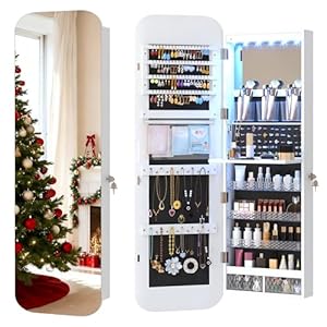 Vlsrka LED Ovaler Schmuckschrank Hängend, Türspiegel/Wandspiegel Schmuckschränk, Schmuckschrank mit Spiegel und Beleuchtung, Schmuckspielgelschrank Holz Abschließbarer, Gewölbter Spiegelschrank, Weiß