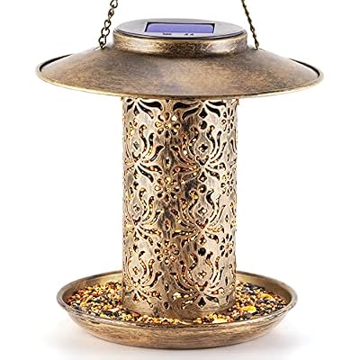 SWEETFULL Solar Bird Feeder for Outdoors Hanging, Metal Wild Bird Feeder for Cardinals Solar Garden Lantern with S Hook as Gift Ideas for Bird Lovers (2LBs Heavy Duty Weather Resistance birdfeeders)