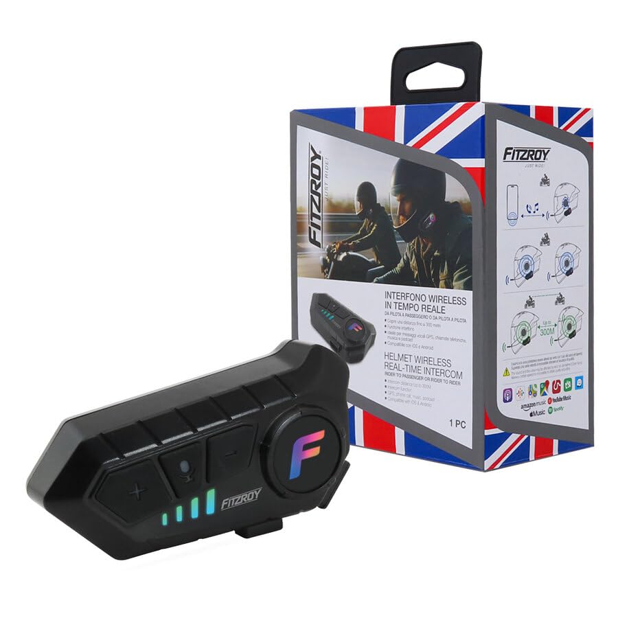 FITZROY Interfono Casco Moto Bluetooth 5.3 - Ideale per Interfono Moto Coppia Fino a 300m - Cancellazione Rumore CVC DSP e Impermeabile IPX6 - Batteria 1000mAh Universale per iOS e Android