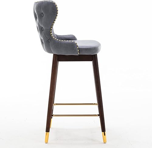 Miniatura 7 de Himusi Juego de 4 taburetes de bar modernos de tela de cuero de 29.9 pulgadas, patas de madera maciza con reposapiés y puntas doradas, taburetes de