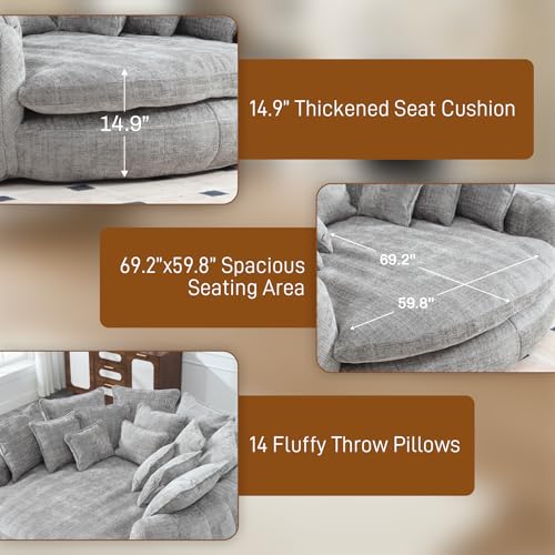 Image of 81 inch Round Sofa Bed Big Bean Bag Round Chaise Lounge Oversized Round Couch Boneless Reading Chair Plush Fluffy Chenille Large Chaise Chair for Living Room, Bedroom, Apartment, Light Gray