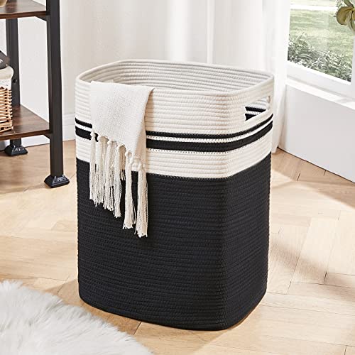 OIAHOMY Laundry Hamper-Laundry Basket,Tall Cotton Storage Basket with Handles,Decorative Blanket Basket for Living room,Collapsible Large Basket for Toys,Pillows,Clothes Organizer-16x13x22in-Black