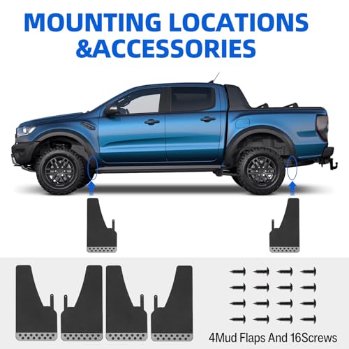 Image of 4PCS Black Universal EVA Soft Rubber Mud Flaps Mudguards with Stainless Steel Reflector with Round Holes for Pickup SUV with Hardware Front and Rear