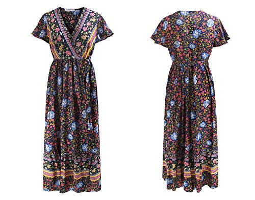 Image of R.Vivimos Women's Summer Short Sleeve Floral Print Bohemian Beach Waist Tie Wrap Long Flowy Dress with Slit