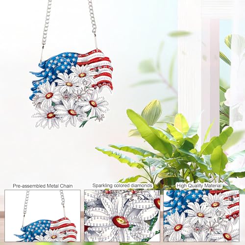 Image of AiYuanzsh Patriotic Diamond Painting Hanging Ornament, American Flag with White Daisies, DIY 5D Diamond Art Pendant Kit with Chain, Independence Day Crystal Suncatcher Home Decoration Craft