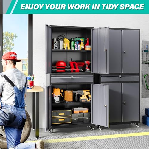 Image of Metal Garage Storage Cabinet with Wheels and Drawer,Gray Rolling Garage Cabinet with Locking Doors and Adjustable Shelves,73 inch Tall Mobile Metal Storage Cabinets on Wheels for Home,Office,Garages,Tool