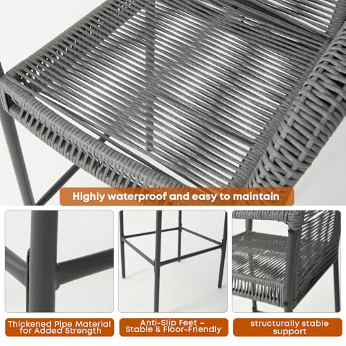 Image of Outdoor Bar Stools Set of 2, Patio Bar Stools with Armrests, All Weather Wicker Rattan Bar Chairs with Backrest for Backyard, Garden, Pool, Balcony and Deck (Light Gray)
