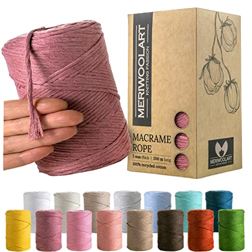 MeriWoolArt Macrame Cord 3mm Violet - Macrame Rope 200m - Super Soft Single Twist Macrame String - Oeko-Tex 100% Recycled Cotton Macrame Cord Coloured- For DIY Macrame Crafts Boho Home Décor