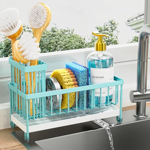 Image of Cisily Sponge Holder for Kitchen Sink, Sink Caddy Organizer with High Brush Holder, Kitchen Countertop Organizers and Storage Essentials, Rustproof 304 Stainless Steel (Turquoise, 9.25″)