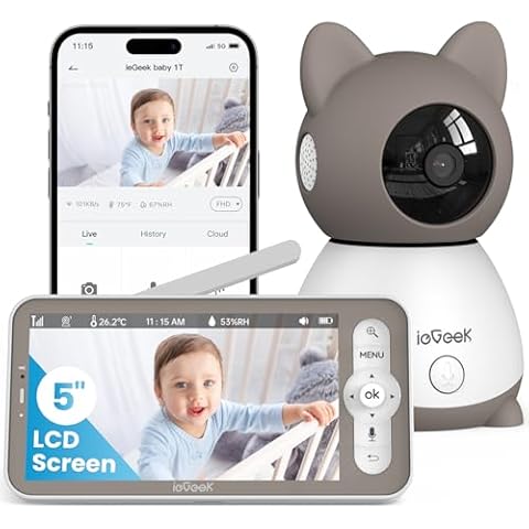 ieGeek Baby Monitor with 2K Camera and Audio - Video Monitor with 5" Screen - Night Vision, Two-Way Talk, Cry & Motion Detection, Temper& Humidity Sensor, PTZ, Remote Control via Screen and Free APP Cover