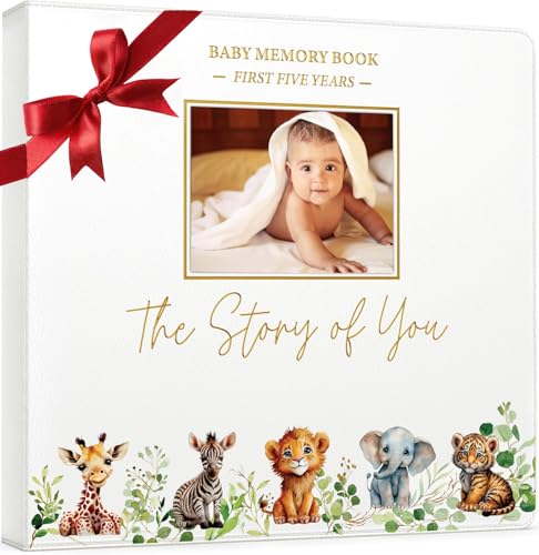 Image of Baby Book Keepsake - Timeless Baby Memory Book for Boy or Girl I First 5 Year I Faux Leather, Gender Neutral, Safari Theme w/Gold Foil Stamp - Baby First Year Book Journal Scrapbook Photo Album Shower