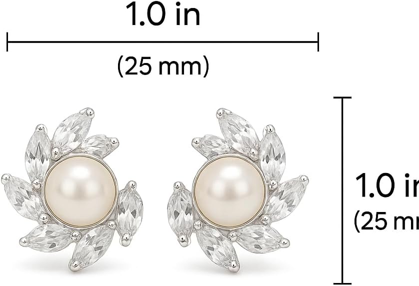 Pearl and Cubic Zirconia Stud Earrings, Marquise Crystal Cluster Design, 1.0 Inch