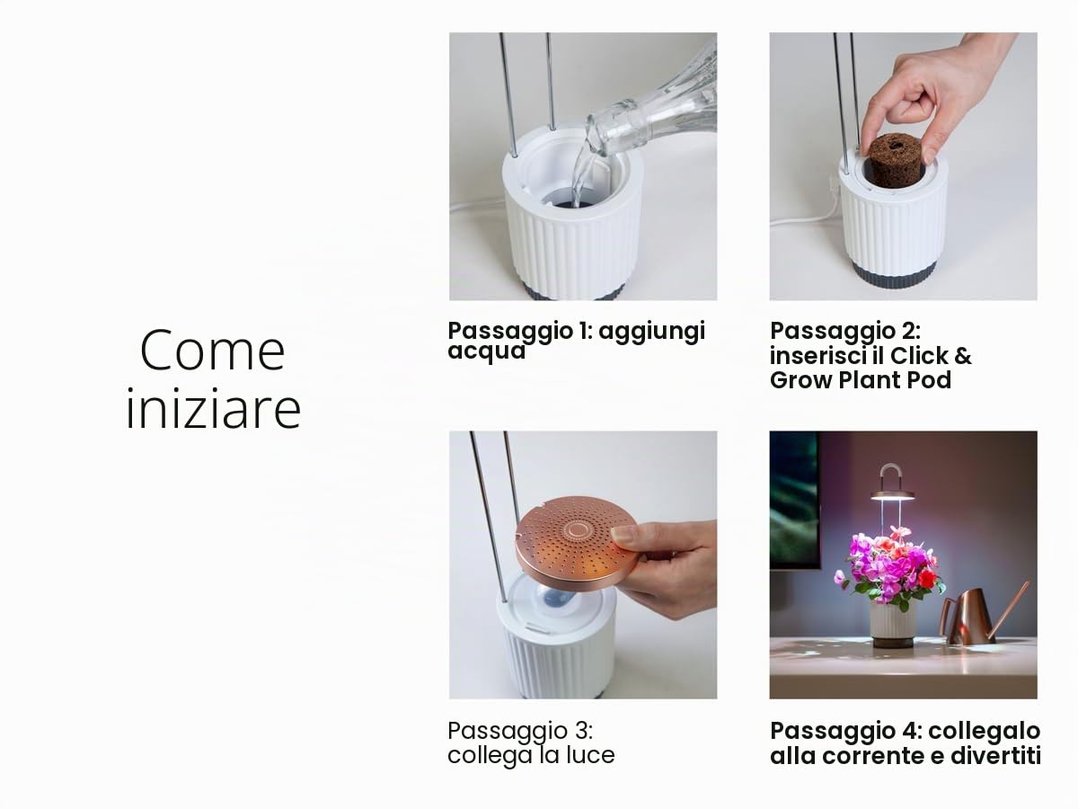 Vaso Smart Autoirrigante con Luce per la Crescita, Kit Mini Serra da Interno con Capsule di Petunia Click&Grow, Hydrovase Smart Garden