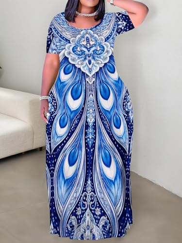 Image of PinkPatty Plus Size Maxi Dress for Curvy Women Crew Neck Long Sleeves Casual Dress Vacation Sundresses with Pockets