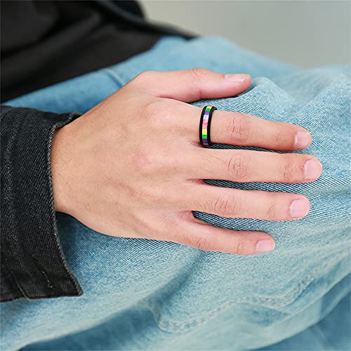 6mm Wide Square Rainbow LGBT Pride Band Rings Chuky Thick Black Enameled Stainless Steel Eternity Promise Statement Engagement Couple Rings Love is Love Finger Knuckle Rings Boyfriend Girlfriend Christmas Valentines Gifts4