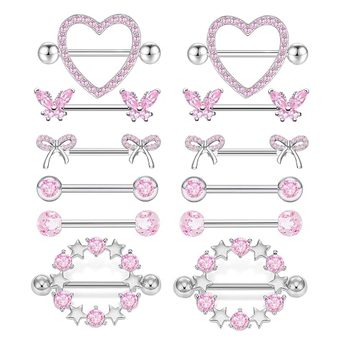 Suotarn 14G Nipple Rings for Women 316L Stainless Steel Heart Cherry Star Butterfly Pink Nipple Barbell CZ Cute Nipple Rings Set Pink Nipplerings Piercing Jewelry