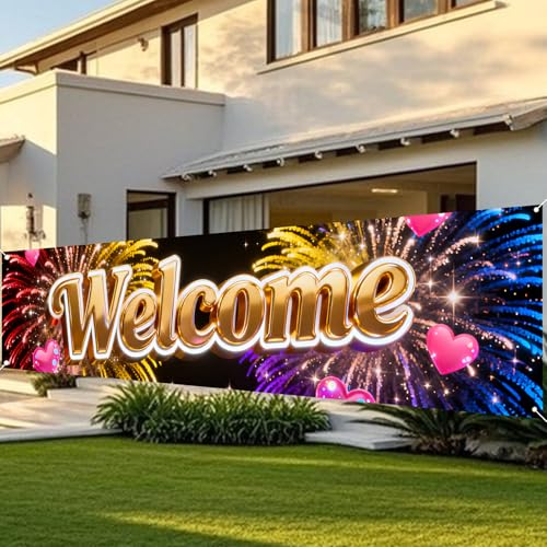 Image of Nuxovilar Welcome Home Banner Golden 3D Letter 17.7x78.7 Polyester | Welcome poster photo backdrop reunion decoration banner hanging porch entryway parlor (Golden Letter)