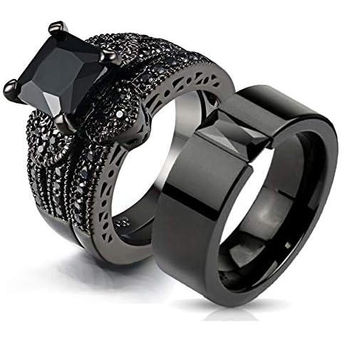 Couple Ring Bridal Sets His and Hers Women Black Gold Filled Square CZ Men Titanium Band Wedding Ring Band Set, crystal stone Metal, Cubic Zirconia Cover