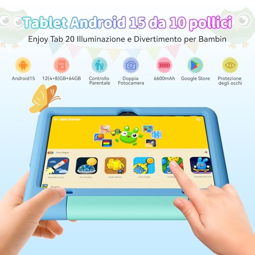 Blackview Tablet Bambini 10 Pollici, Android Tablet per Bambini 3 a 12 Anni, 12GB RAM + 64GB ROM/2TB TF, Controllo Genitori, Gemini AI 2.0, 8MP + 5MP, Face ID, 6600mAh/Widevine L1/WiFi/GMS/GPS/BT 5.0 - Immagine 1