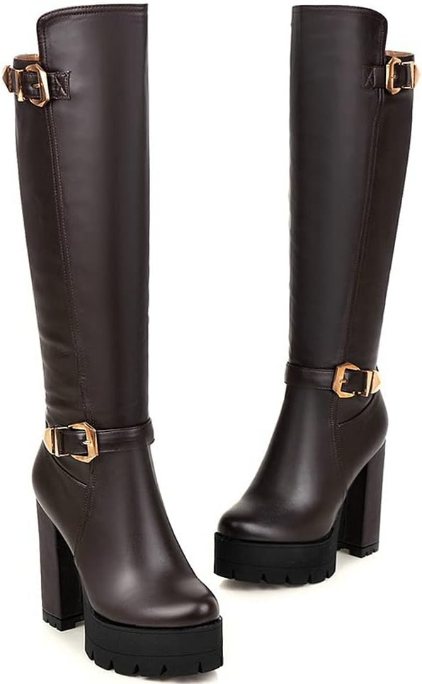 KOKOMOMO Womens Zip Up High Chunky Heel Knee High Platform Boots with Buckles