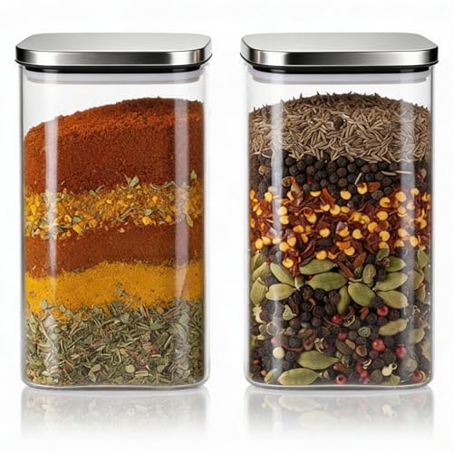 Image of ginoya brothers Airtight Borosilicate Glass Square Jar With Wooden Or Steel Lid Multi-Size, Container for Spices, Coffee, Grains, Snacks & Kitchen Organization (2, STEEL LID, 420 ML)