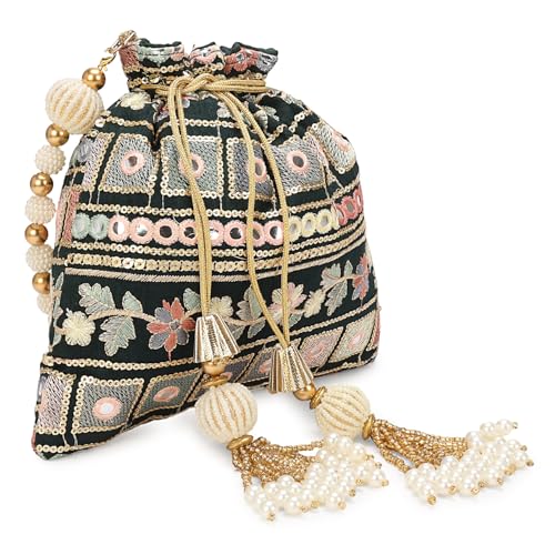 Image of LONGING TO BUY Indian Embroidered Pearl Potli Bag For Women, Sequence Design with Tassel, Wedding Potli Bags