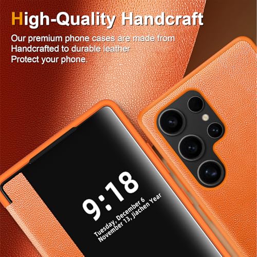 Image of Flip Case for Samsung Galaxy S25 Ultra Case S View, Frosted Translucent Window Clear View Folio Protective Phone Case, 360 Degree Full Body Shockproof Flip Cover Case for Samsung S25 Ultra 5G (Orange)