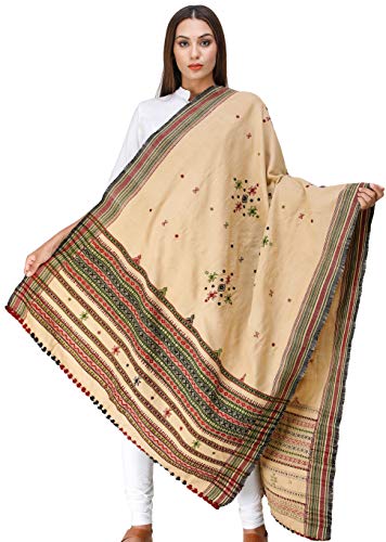 Image of Exotic India Women's Kutch Wool Shawl (SHV95--beige)