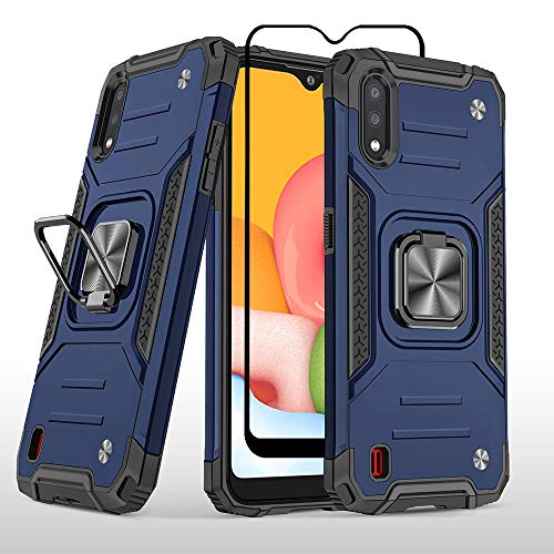 Aozuoton for Samsung Galaxy A01 Phone Case, Galaxy A01 Phone Case with [1 Pack] HD Screen Protector, Military-Grade Shockproof Kickstand Protective Cover for Samsung Galaxy A01 (Blue)